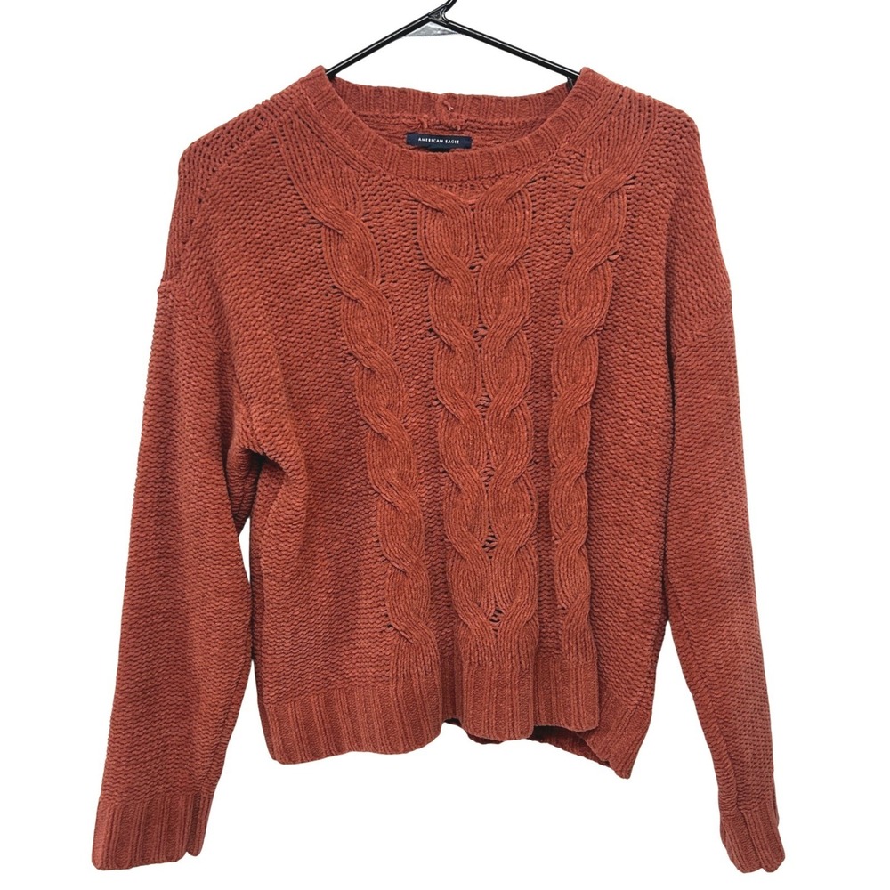 American Eagle Soft Chenille Cable Knit Sweater Crewneck Small Rust Soft Girl